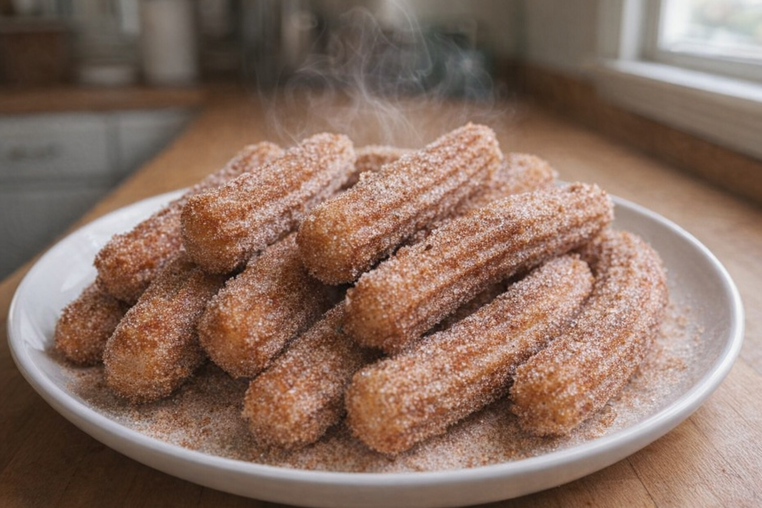 A high-angle, brightly lit shot of freshly fried churros arranged on a white plate, generously coated in cinnamon sugar, steam rising subtly